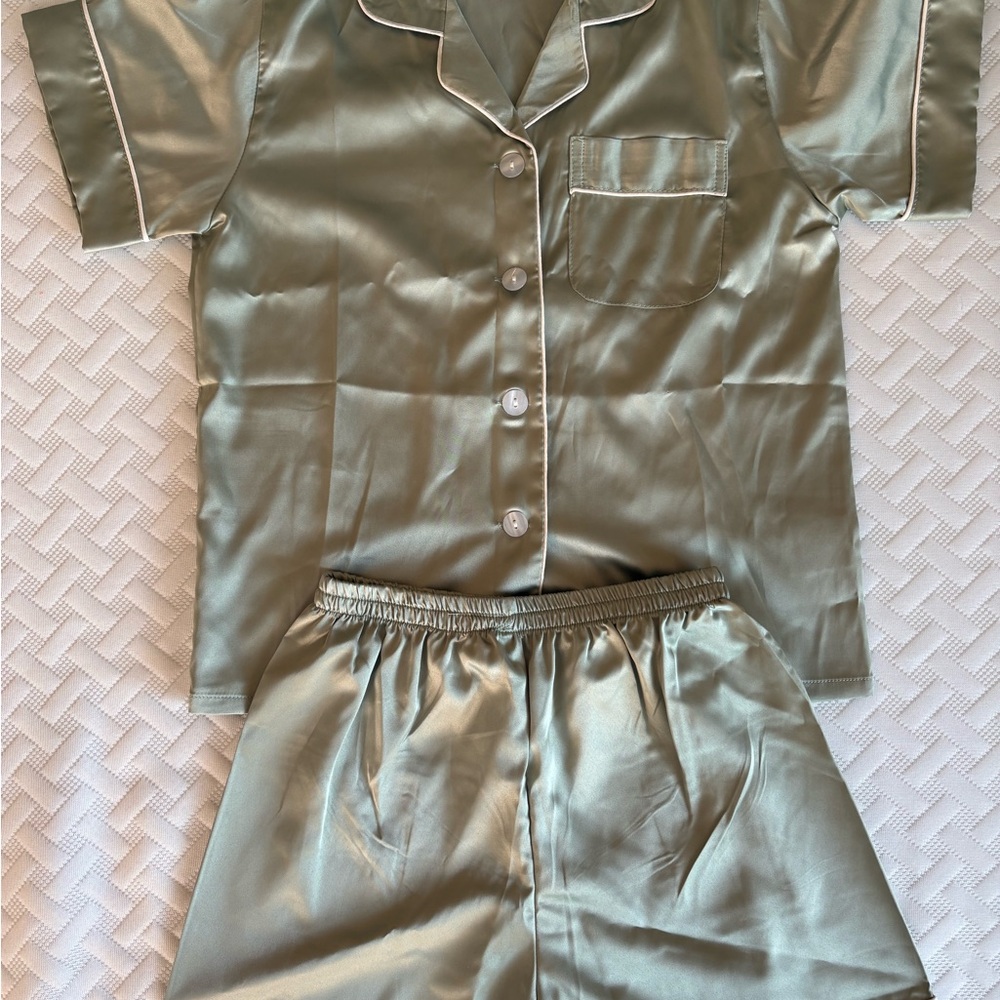 Kids Satin Pajama Set in Sage Green